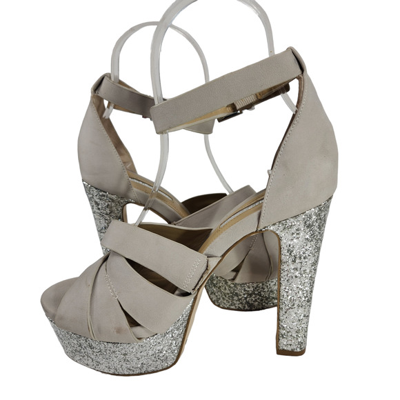 BCBG Womens Platform Sandals sz 6 M Alpine Cream Faux Leather Silver Glitter 5" - Picture 4 of 12